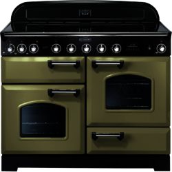 Rangemaster Classic Deluxe 110cm Electric Induction 100950 Range Cooker in Olive Green with Chrome Trim and Induction Hob